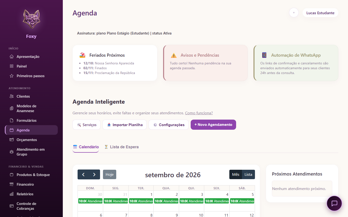 Tela real da Agenda do Foxy