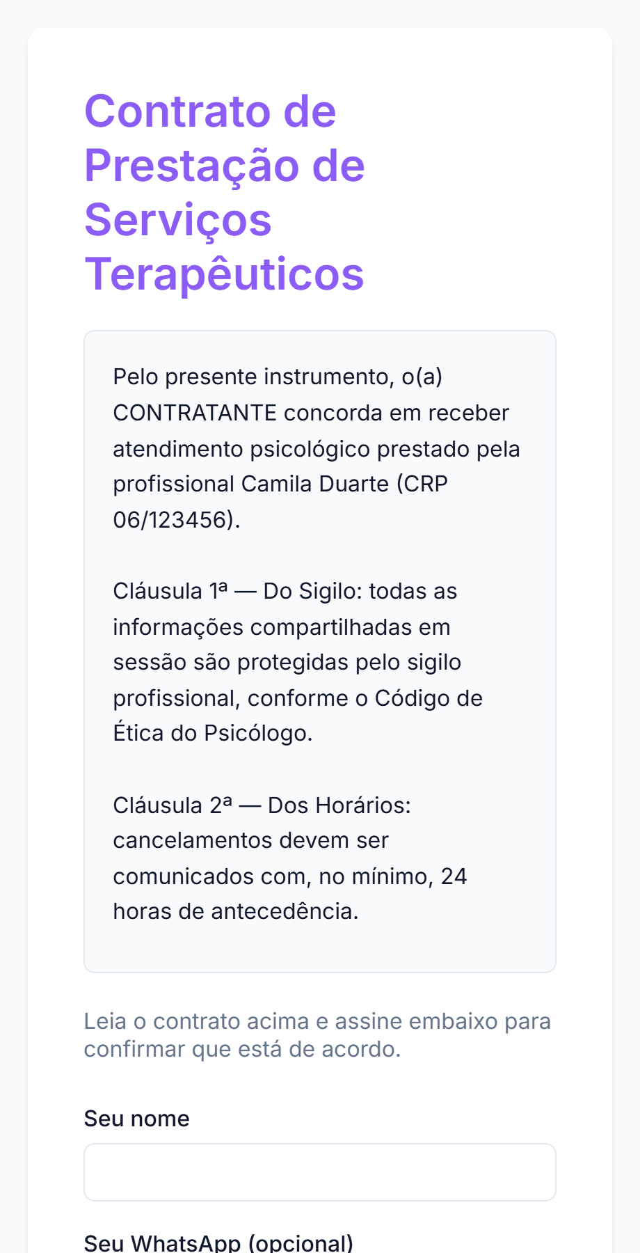 Tela real de contrato com assinatura digital do Foxy